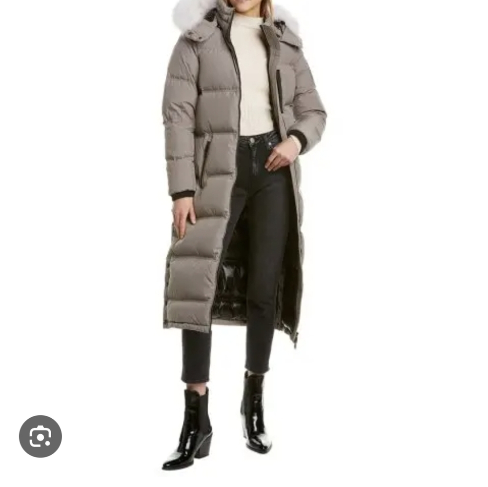 Moose Knuckles Black Puffer Coat with White Fur Hood